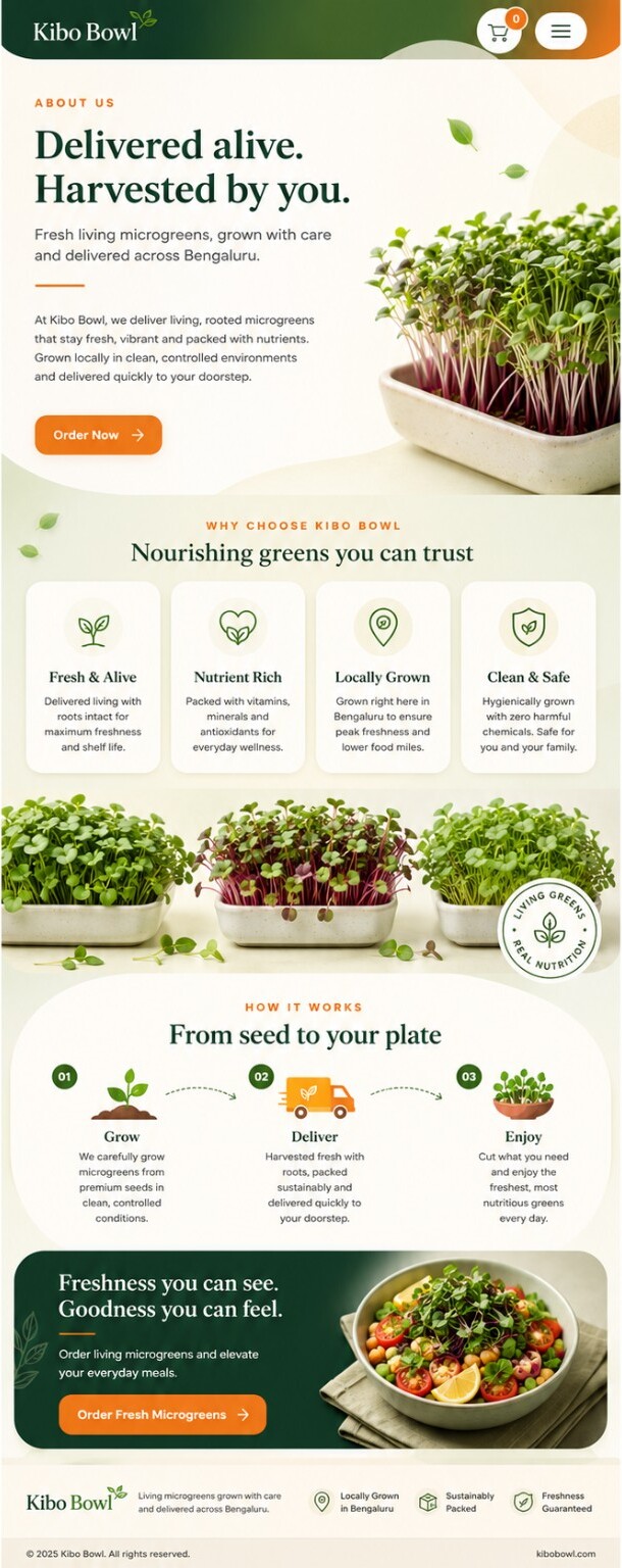 Kibo Bowl About Us page explaining living microgreens, freshness, local growing, delivery and how to enjoy them.